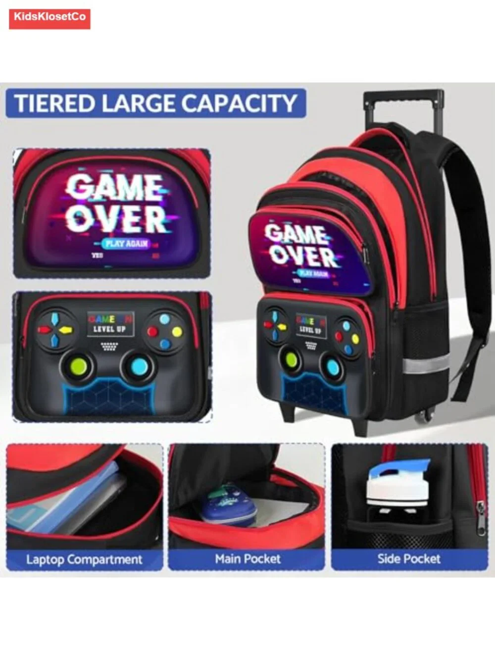 Boys Rolling Backpack with Wheels, Gamer Design, Wheeled Bookbag for School